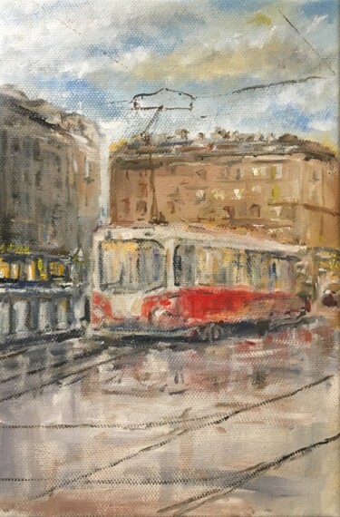 Painting titled "Red tram Oil Painti…" by Vsevolod Chistiakov, Original Artwork