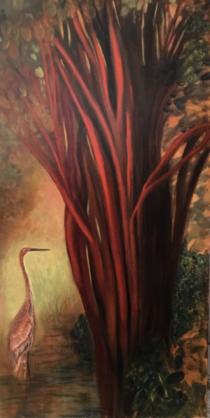 Peinture intitulée "le héron et l'arbre" par Viviane Fasel, Œuvre d'art originale, Huile Monté sur Châssis en bois