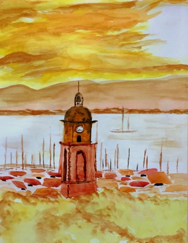 Painting titled "Sunset sur Saint Tr…" by Vstella, Original Artwork, Watercolor Mounted on Other rigid panel