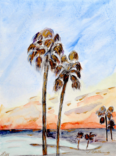 Painting titled "Riviera Sunset" by Vstella, Original Artwork, Watercolor Mounted on Other rigid panel