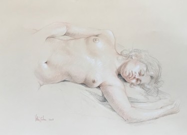 Dessin intitulée "Gabrielle endormie,…" par V. Tertrais, Œuvre d'art originale, Crayon