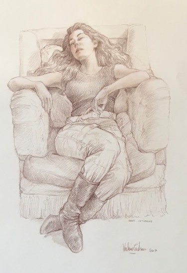 Dessin intitulée "La sieste d’Estelle…" par V. Tertrais, Œuvre d'art originale, Conté