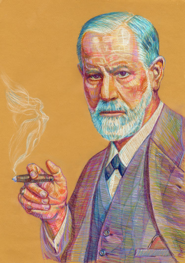 Zeichnungen mit dem Titel "Sigmund Freud" von Vladimir Tyuryaev, Original-Kunstwerk, Conté-Buntstifte