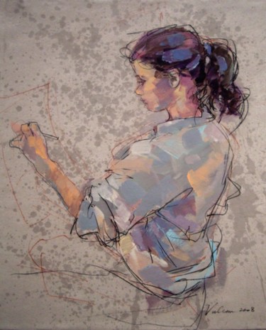 Painting titled "Dessinatrice" by Raluca Vulcan, Original Artwork