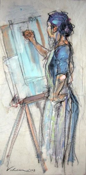 Painting titled "A l'atelier" by Raluca Vulcan, Original Artwork