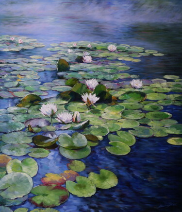 Painting titled ""WATER LILIES"" by Elena And Gennady Vylusk (Goshiki), Original Artwork, Oil Mounted on Wood Stretcher frame
