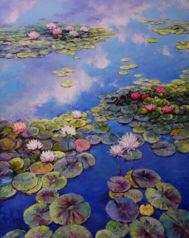 Pintura intitulada ""WATER LILIES ON TH…" por Elena And Gennady Vylusk (Goshiki), Obras de arte originais, Óleo Montado em A…