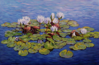 Painting titled ""LILIES"" by Elena And Gennady Vylusk (Goshiki), Original Artwork, Oil Mounted on Wood Stretcher frame