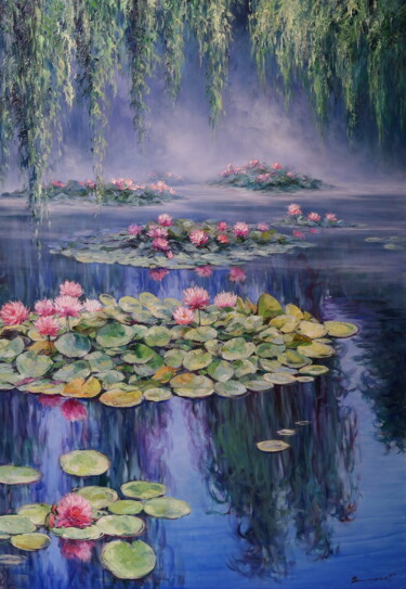 Pittura intitolato ""Fog on the Pond"" da Elena And Gennady Vylusk (Goshiki), Opera d'arte originale, Olio Montato su Telaio…