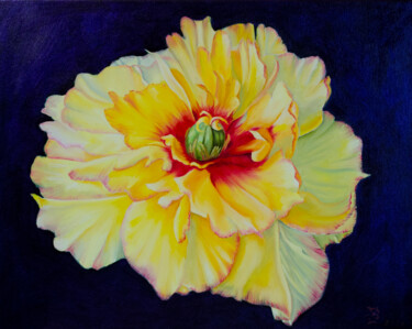 Painting titled "PEONY PAINTING YELL…" by Elena Vybiranets, Original Artwork, Oil Mounted on Wood Stretcher frame