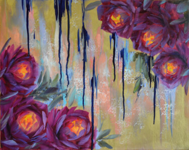 Painting titled "Bordeaux Peonies, O…" by Elena Vybiranets, Original Artwork, Oil Mounted on Wood Stretcher frame