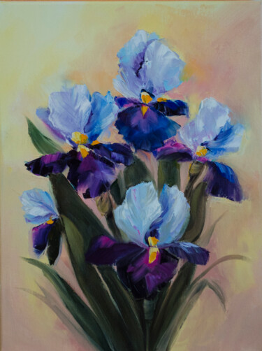 Painting titled "Blue IRISES, oil pa…" by Elena Vybiranets, Original Artwork, Oil Mounted on Wood Stretcher frame