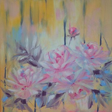 Painting titled "Pink peonies, flowe…" by Elena Vybiranets, Original Artwork, Oil Mounted on Wood Stretcher frame