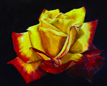 Painting titled "Rose jaune, peintur…" by Elena Vybiranets, Original Artwork, Oil Mounted on Wood Stretcher frame