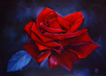 Painting titled "Red Rose, red flowe…" by Elena Vybiranets, Original Artwork, Oil Mounted on Wood Stretcher frame