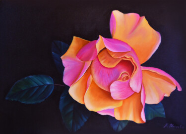 Painting titled "Rose Bicolor, Large…" by Elena Vybiranets, Original Artwork, Oil Mounted on Wood Stretcher frame