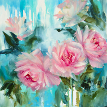 Painting titled "Peonies oil paintin…" by Elena Vybiranets, Original Artwork, Oil