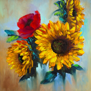 Painting titled "SUNFLOWER Oil paint…" by Elena Vybiranets, Original Artwork, Oil