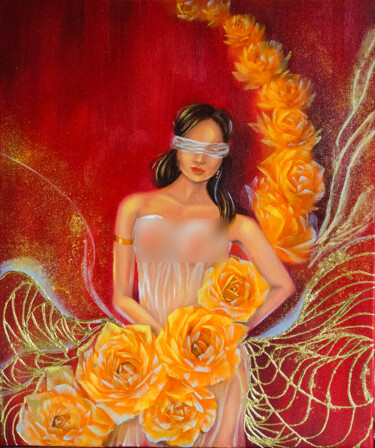 Painting titled "Woman and flowers,…" by Elena Vybiranets, Original Artwork, Oil Mounted on Wood Stretcher frame