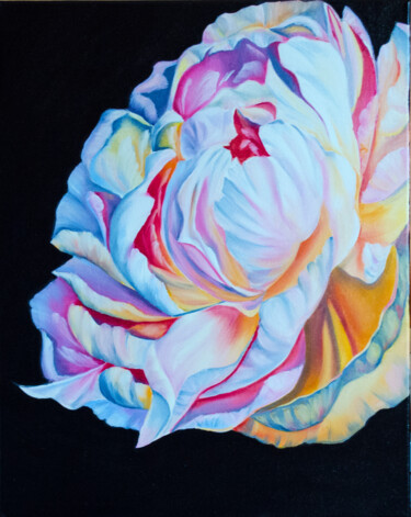 Painting titled "Peony painting, oil…" by Elena Vybiranets, Original Artwork, Oil Mounted on Wood Stretcher frame