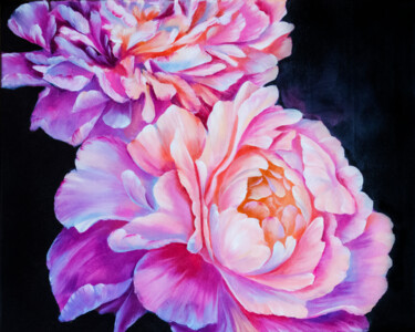 Painting titled "Peonies Oil Paintin…" by Elena Vybiranets, Original Artwork, Oil Mounted on Wood Stretcher frame