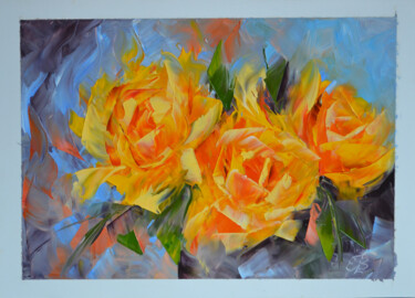 Painting titled "Roses Oil painting,…" by Elena Vybiranets, Original Artwork, Oil