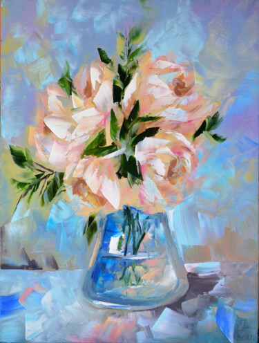 Painting titled "Flowers beige color…" by Elena Vybiranets, Original Artwork, Oil
