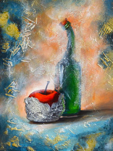 Painting titled "Bottle and apple." by Elena Vybiranets, Original Artwork, Acrylic