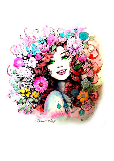 Digital Arts titled "Woman Flowers" by Vyctoire Sage, Original Artwork, 2D Digital Work