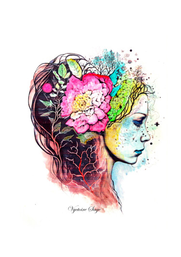 Digital Arts titled "Woman flowers brain" by Vyctoire Sage, Original Artwork, 2D Digital Work