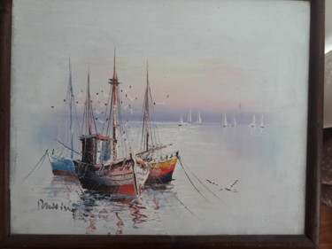 Painting titled "Лодка" by Elena Krasa, Original Artwork, Oil Mounted on Wood Stretcher frame