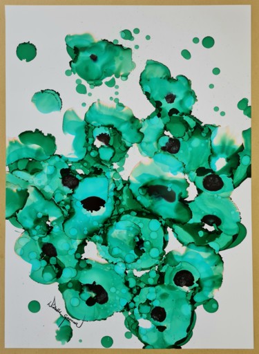 Painting titled "Green Dahlias" by Wioletta Gancarz, Original Artwork, Ink
