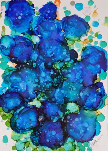 Painting titled "Deep Blue Flowers" by Wioletta Gancarz, Original Artwork, Ink
