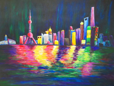 Malarstwo zatytułowany „Shanghai Bund Skyli…” autorstwa Wabyanko, Oryginalna praca, Akryl