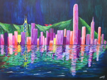 Painting titled "Hong Kong skyline" by Wabyanko, Original Artwork, Acrylic