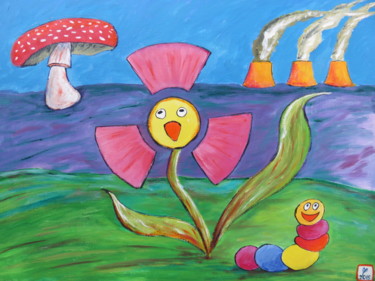 Painting titled "Happy Nuclear Flower" by Wabyanko, Original Artwork, Acrylic