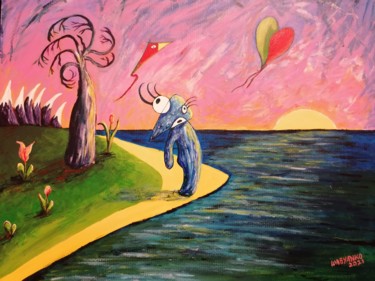 Painting titled "Sea sunset balloons" by Wabyanko, Original Artwork, Acrylic