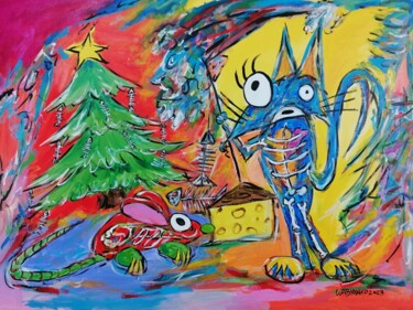 Painting titled "Christmas cat" by Wabyanko, Original Artwork, Acrylic Mounted on Wood Stretcher frame