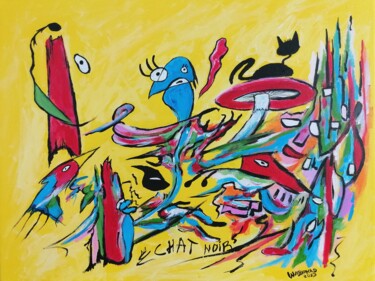 绘画 标题为“Chat Noir ciel jaune” 由Wabyanko, 原创艺术品, 丙烯 安装在木质担架架上