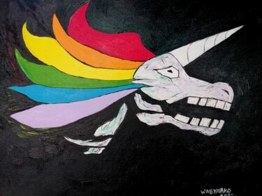 Schilderij getiteld "Unicorn rainbow bla…" door Wabyanko, Origineel Kunstwerk, Acryl Gemonteerd op Frame voor houten brancard