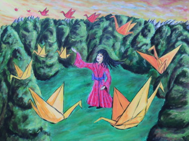 Schilderij getiteld "Sadako Cranes" door Wabyanko, Origineel Kunstwerk, Acryl
