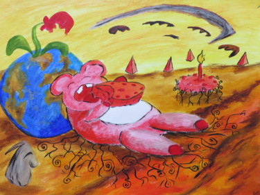 Malerei mit dem Titel "Bear Birthday" von Wabyanko, Original-Kunstwerk, Acryl