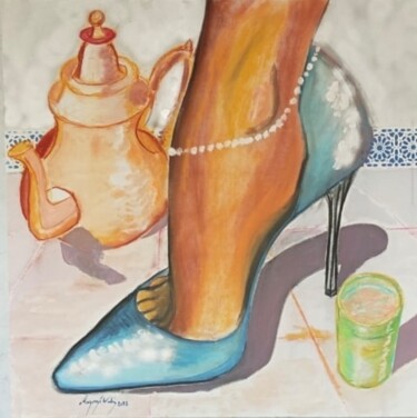 Painting titled "Tea time" by Wadie Maazouzi, Original Artwork, Acrylic Mounted on Wood Stretcher frame