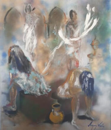 Painting titled "Le rituel du bain m…" by Wadie Maazouzi, Original Artwork, Acrylic Mounted on Wood Stretcher frame