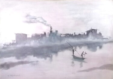 Картина под названием "Fog Fishing" - Wael Daaboul, Подлинное произведение искусства, Акрил