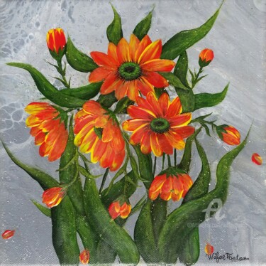 Painting titled "Floral 16" by Wafae Tbatou, Original Artwork, Acrylic Mounted on Wood Stretcher frame