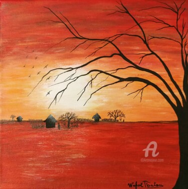 Painting titled "Coucher de soleil" by Wafae Tbatou, Original Artwork, Acrylic Mounted on Wood Stretcher frame