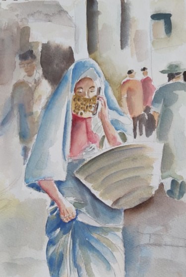 Schilderij getiteld "tunisian women" door Wahib Marghli, Origineel Kunstwerk, Aquarel