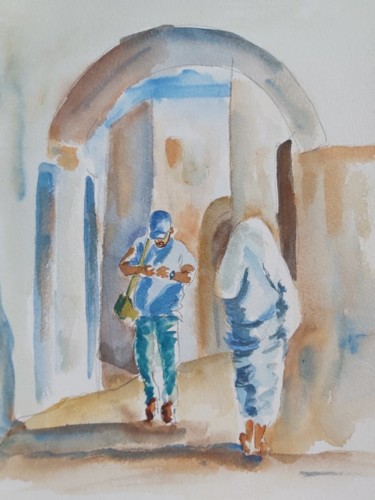 Картина под названием "Tunisian medina" - Wahib Marghli, Подлинное произведение искусства, Акварель