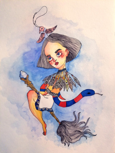 Drawing titled "Flying Lady" by Yuk Wa Yu, Original Artwork, Watercolor